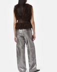 Back View Model in Apparis Cleo Mongolian Vest in Deep Brown
