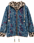 Front of L'ile Bleue Kantha Faux Fur Hoody in Indigo Nomad