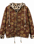 Front of L' île Bleue Kantha Faux Fur Hoodie Jacket in Terracotta Relic