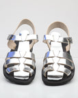 Pair of silver sandals on a white background