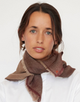Model in Cosi Textiles The Capri Mini Bronze/ Nutshell/Cafe