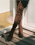 Model wearing NOMASEI Whisper Over the Knee Brown Suede Boots