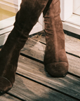 Model wearing NOMASEI Whisper Over the Knee Brown Suede Boots