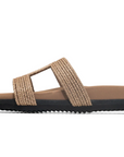 Brown sandal with black sole on a white background