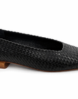 SARAH CHOFAKIAN BLACK LEATHER WOVEN FLAT WITH WOOD HEEL