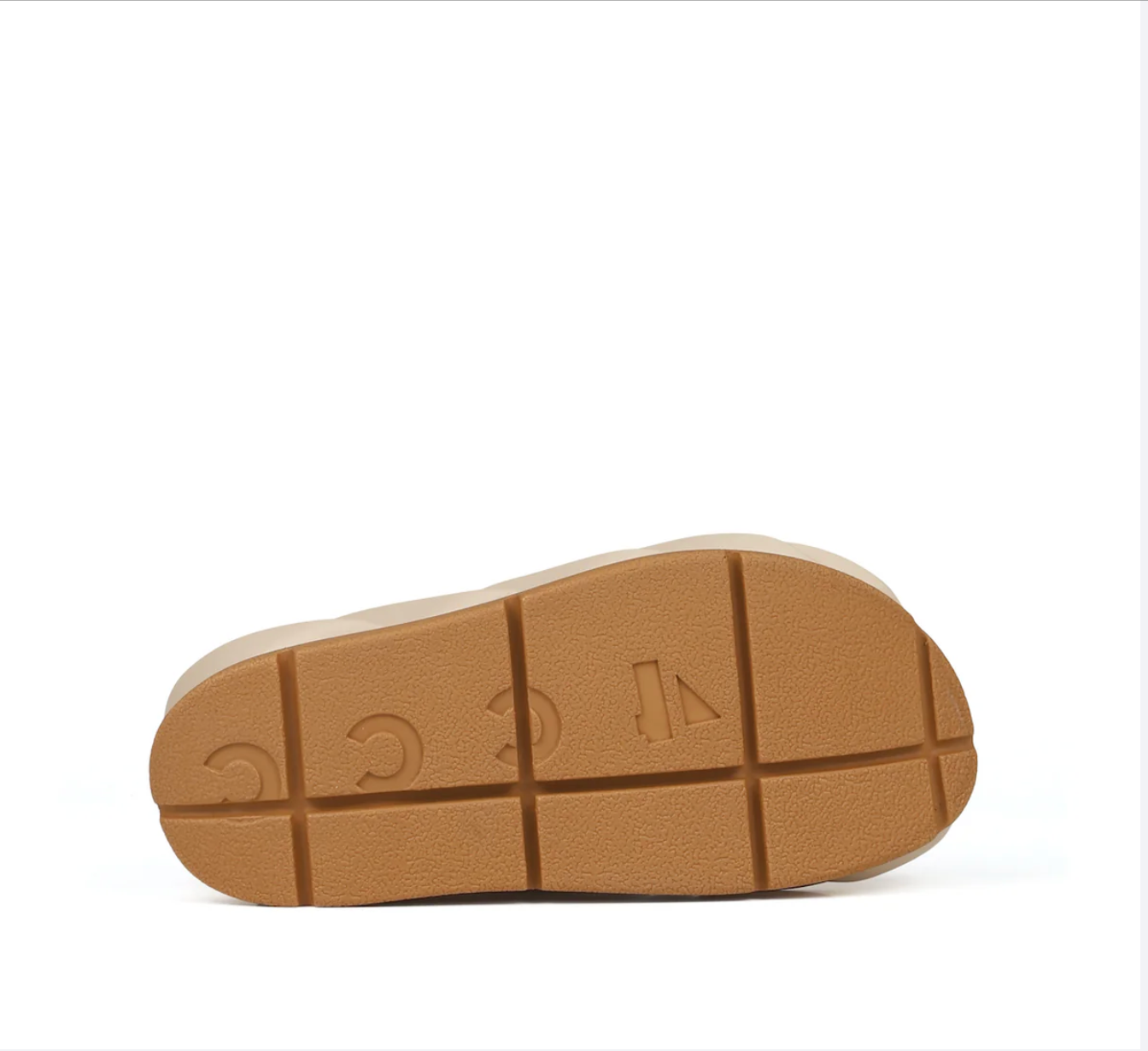 Brown sole of a shoe with brand logo on a white background