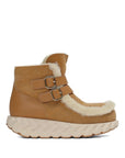 4CCCCEES Tan winter boot with white fur lining on a white background