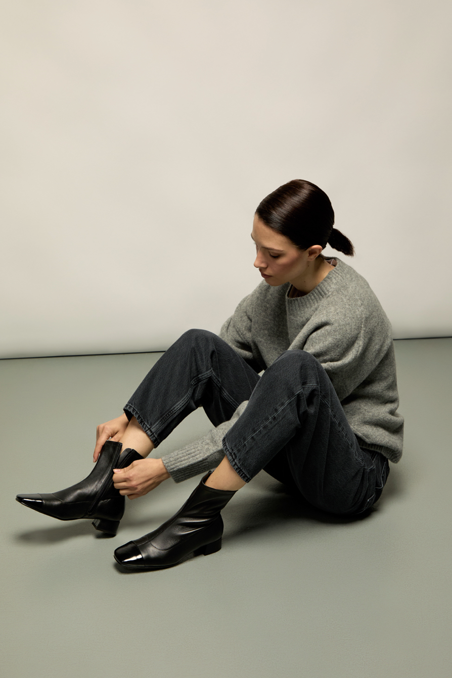 AUGUSTA BLACK LOW HEELED BOOTIE WITH CAP TOE 