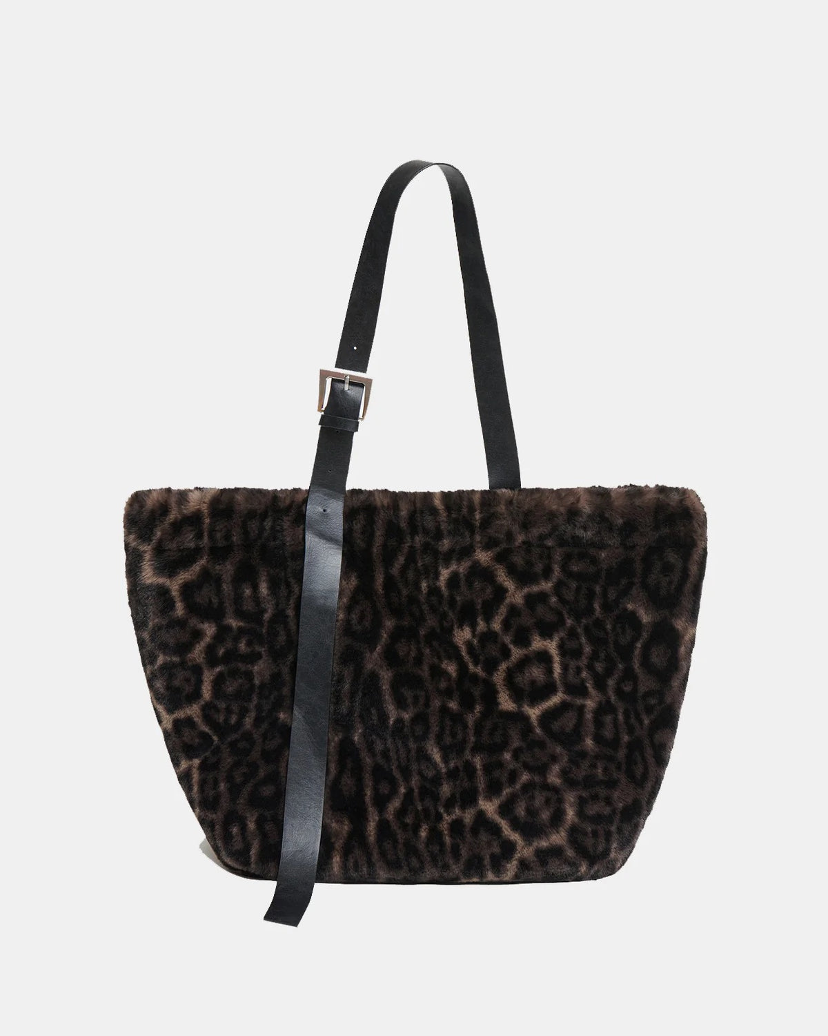 Leopard print handbag with a black strap on a light gray background