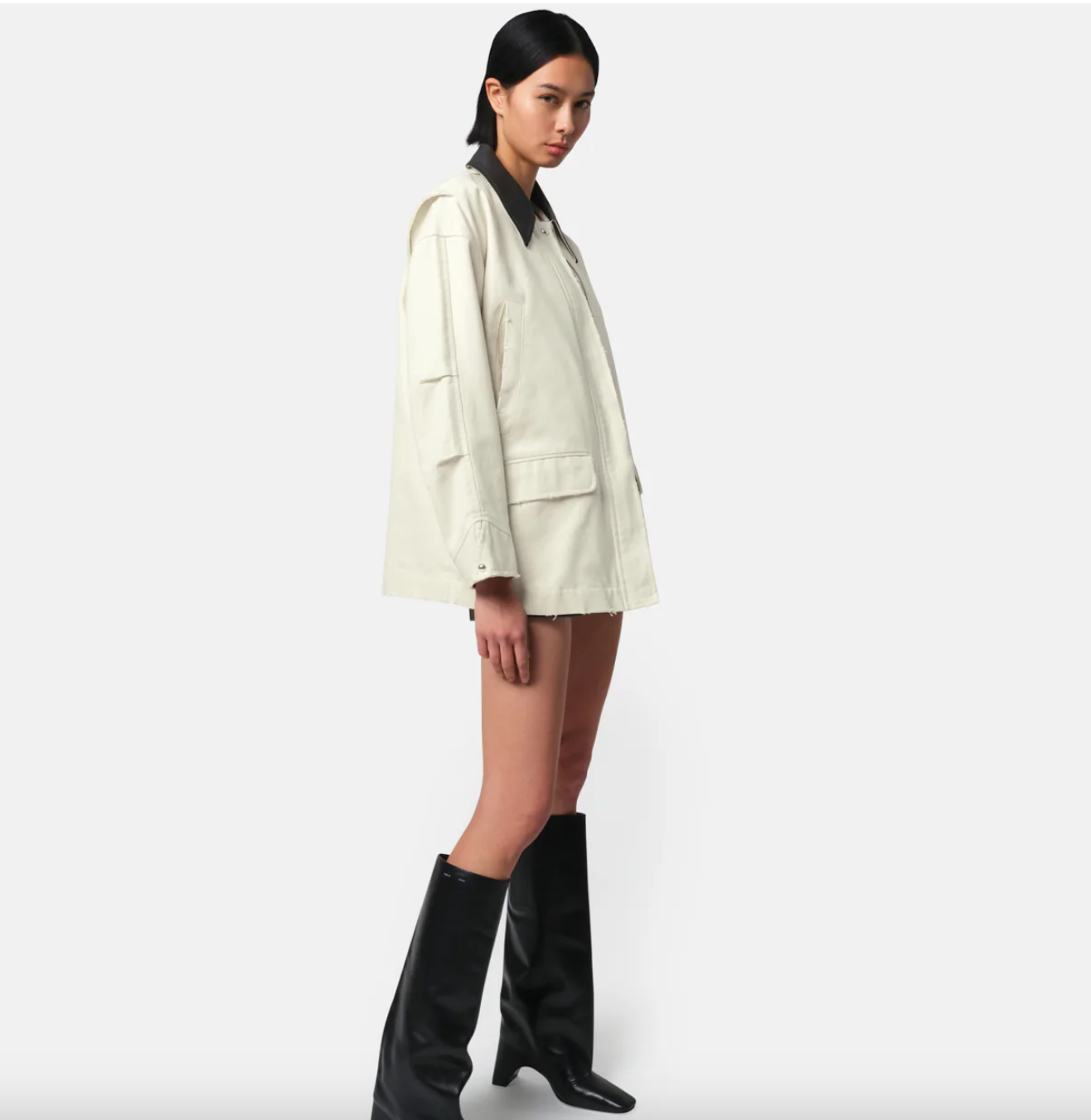 IVORY BARN JACKET WITH FAUX LEATHER COLLAR