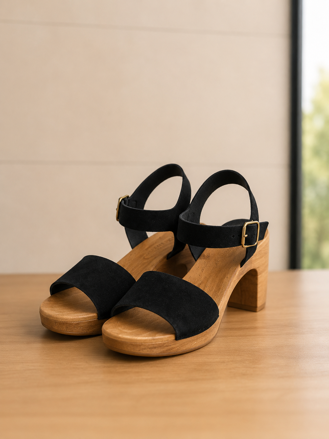 Black sandals with wooden sole on a wooden surface