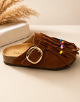 BROWN SUEDE CLOG WITH FRINGE 