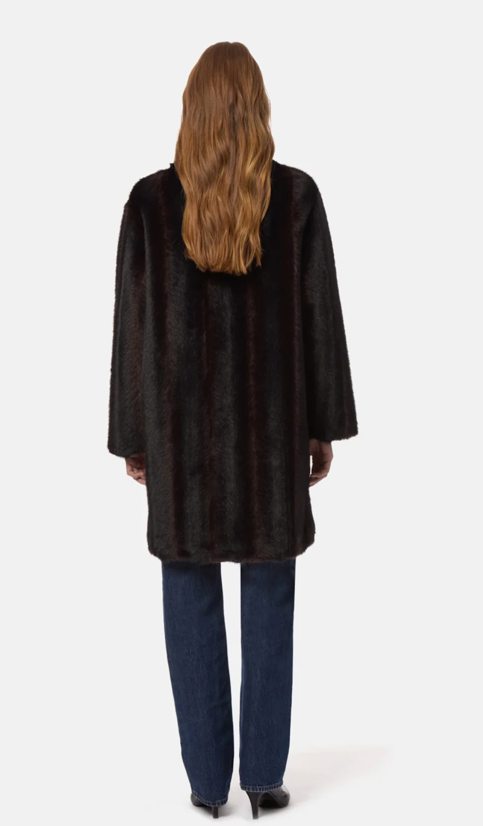 Back View Model Wearing Blair Shaved Mink Coat Noir Multi 