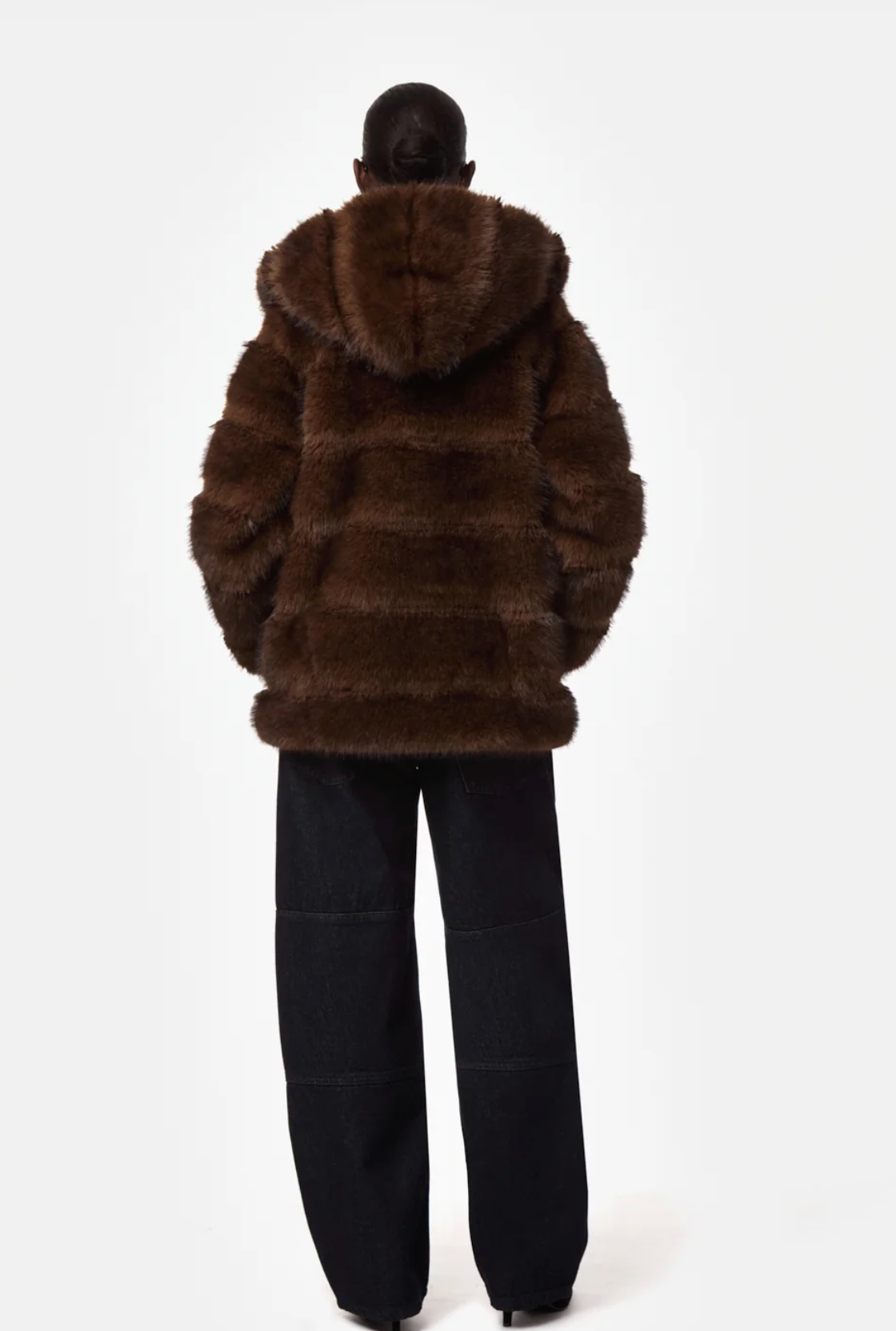 Back View of Model Wearing Apparis CEL Mink Hooded Coat 