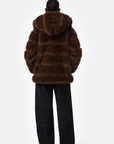 Back View of Model Wearing Apparis CEL Mink Hooded Coat 