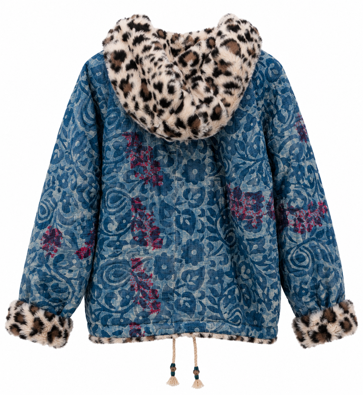 Back of L'ile Bleue Kantha Faux Fur Hoody in Indigo Nomad 