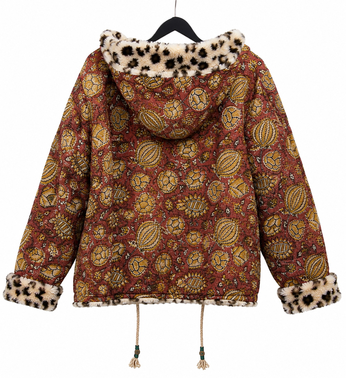 Back of L' île Bleue Kantha Faux Fur Hoodie Jacket in Terracotta Relic