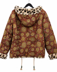 Back of L' île Bleue Kantha Faux Fur Hoodie Jacket in Terracotta Relic