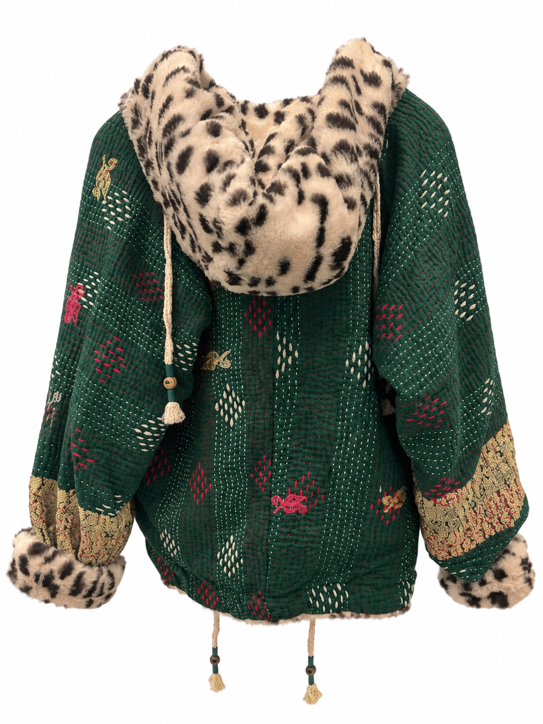 Back_of_L_le_Bleue_Kantha_Faux_Fur_Hoodie_Jacket_in_forest_heirloom