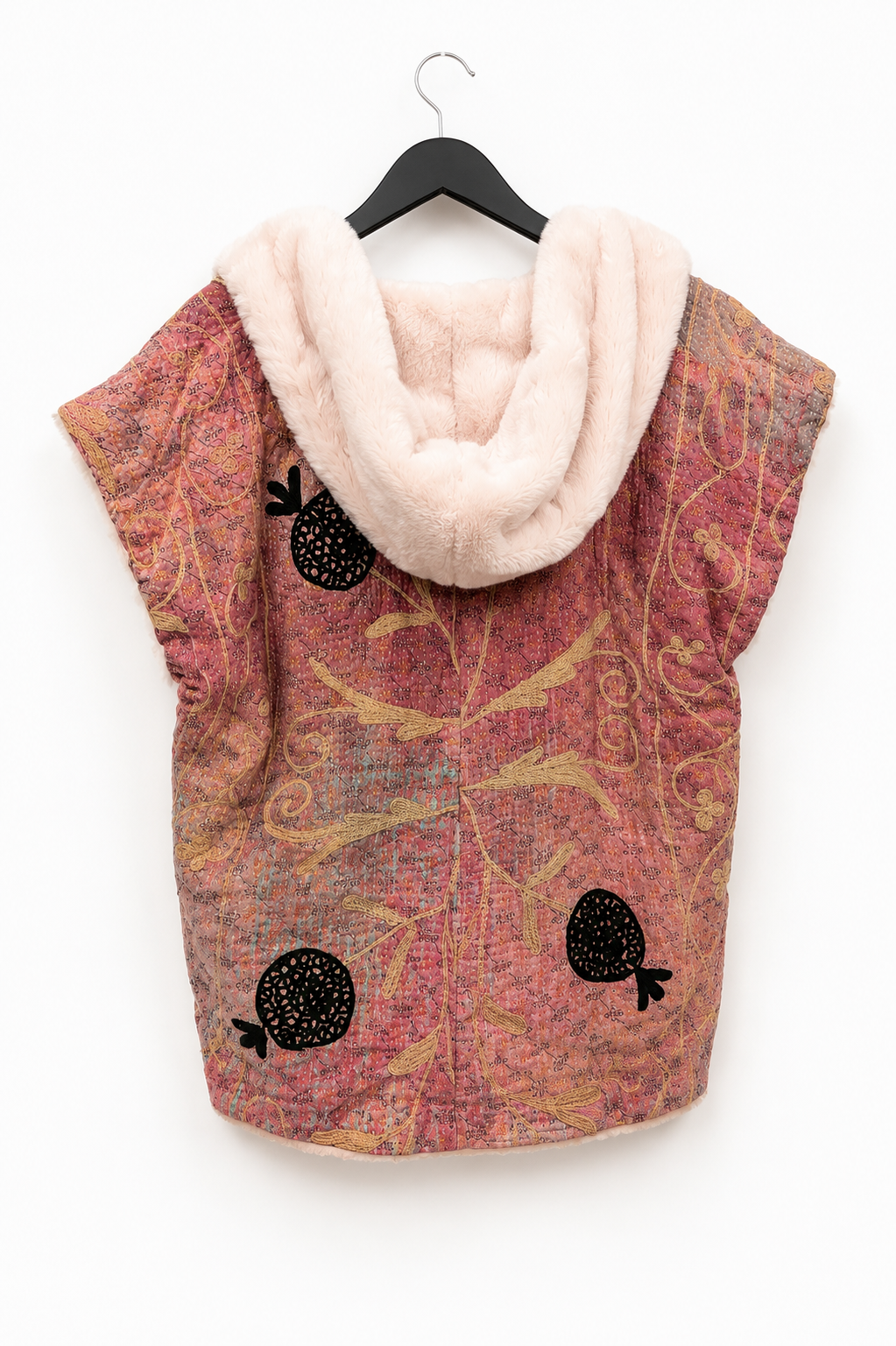 Back of L' île Bleue Sleeveless Kantha Faux Fur Hoody in Rose Suzani 
