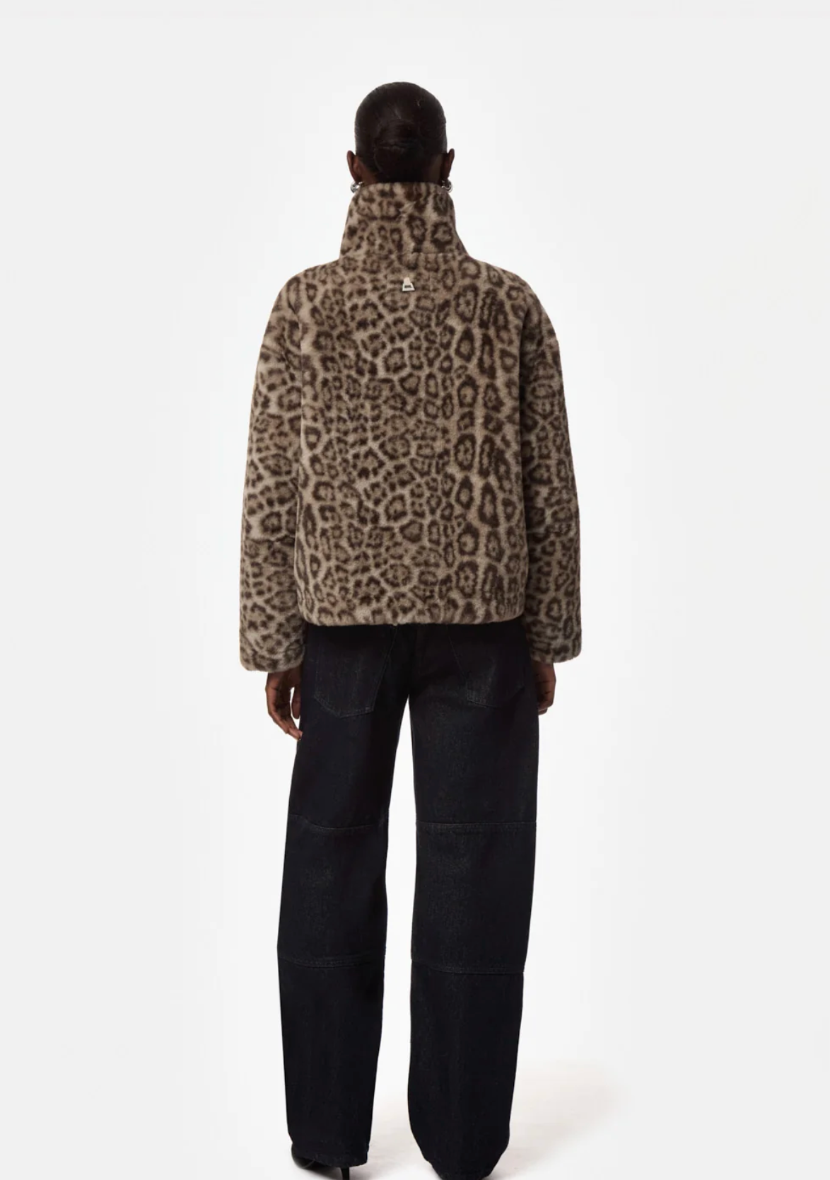Back of Model Wearing Apparis Brooks Light Leopard Coat 