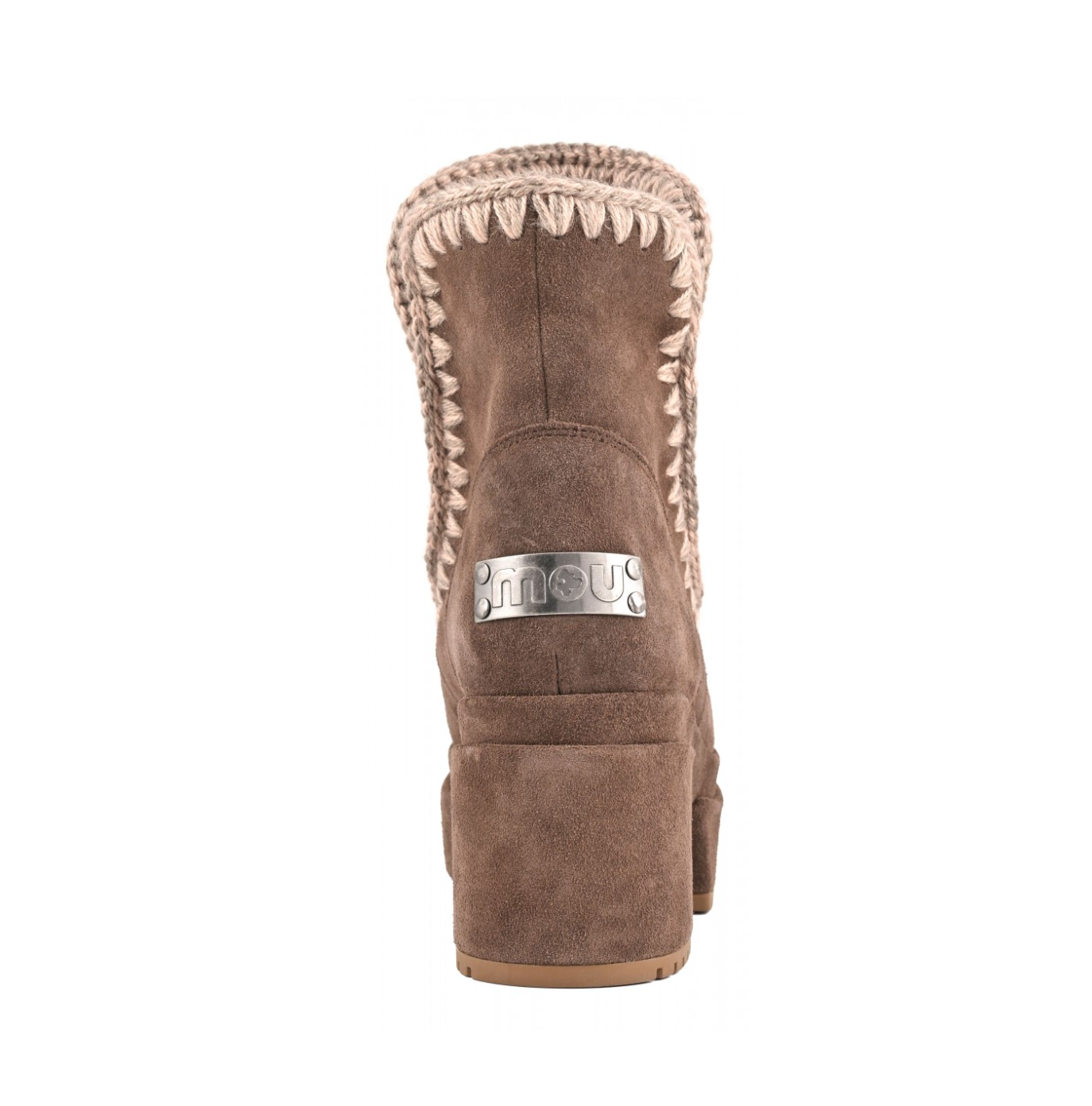 A single brown suede ankle boot shown from the back, featuring a chunky block heel, a silver-tone metal brand plate with 'nou' in script, and a braided beige trim around the collar.