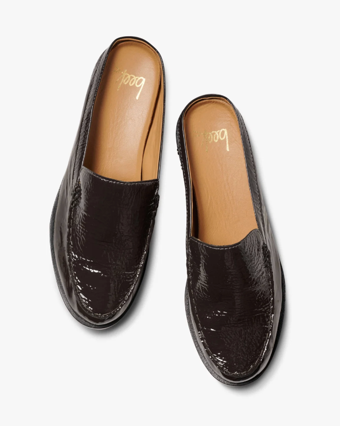 Beek Owlet Leather Loafer Mule in Coffee Patent 