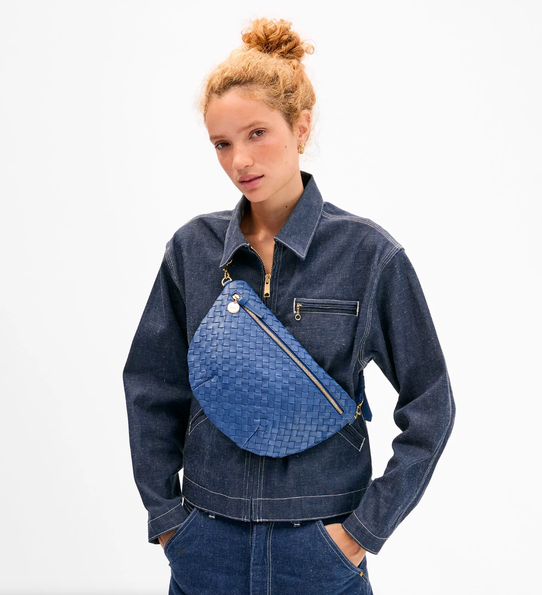 CLARE V GRANDE FANNY FRENCH BLUE WOVEN 