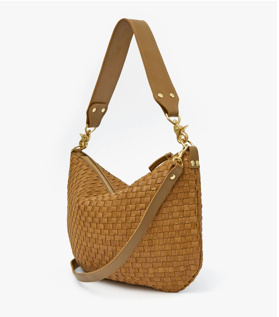 CLARE V TAN SUEDE AND LEATHER WOVEN MOYEN MESSENGER BAG 