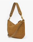 CLARE V TAN SUEDE AND LEATHER WOVEN MOYEN MESSENGER BAG 