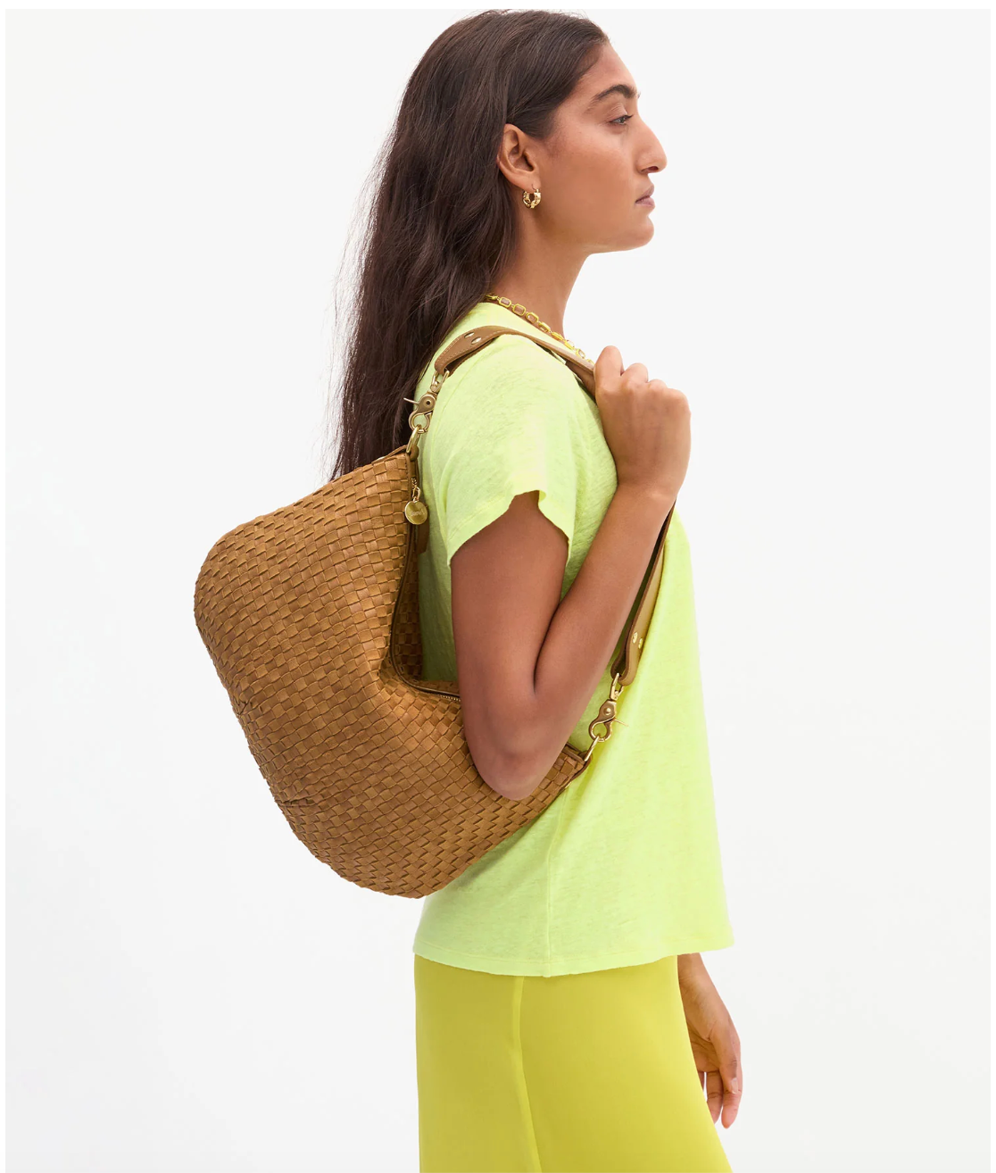 CLARE V TAN SUEDE AND LEATHER WOVEN MOYEN