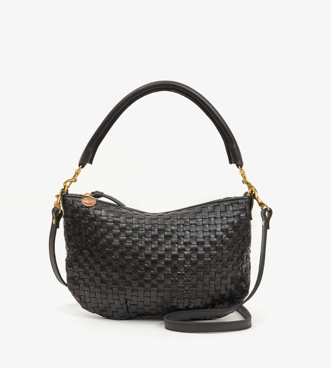 Clare V. Petit Moyen Messenger in Black Woven Checker 
