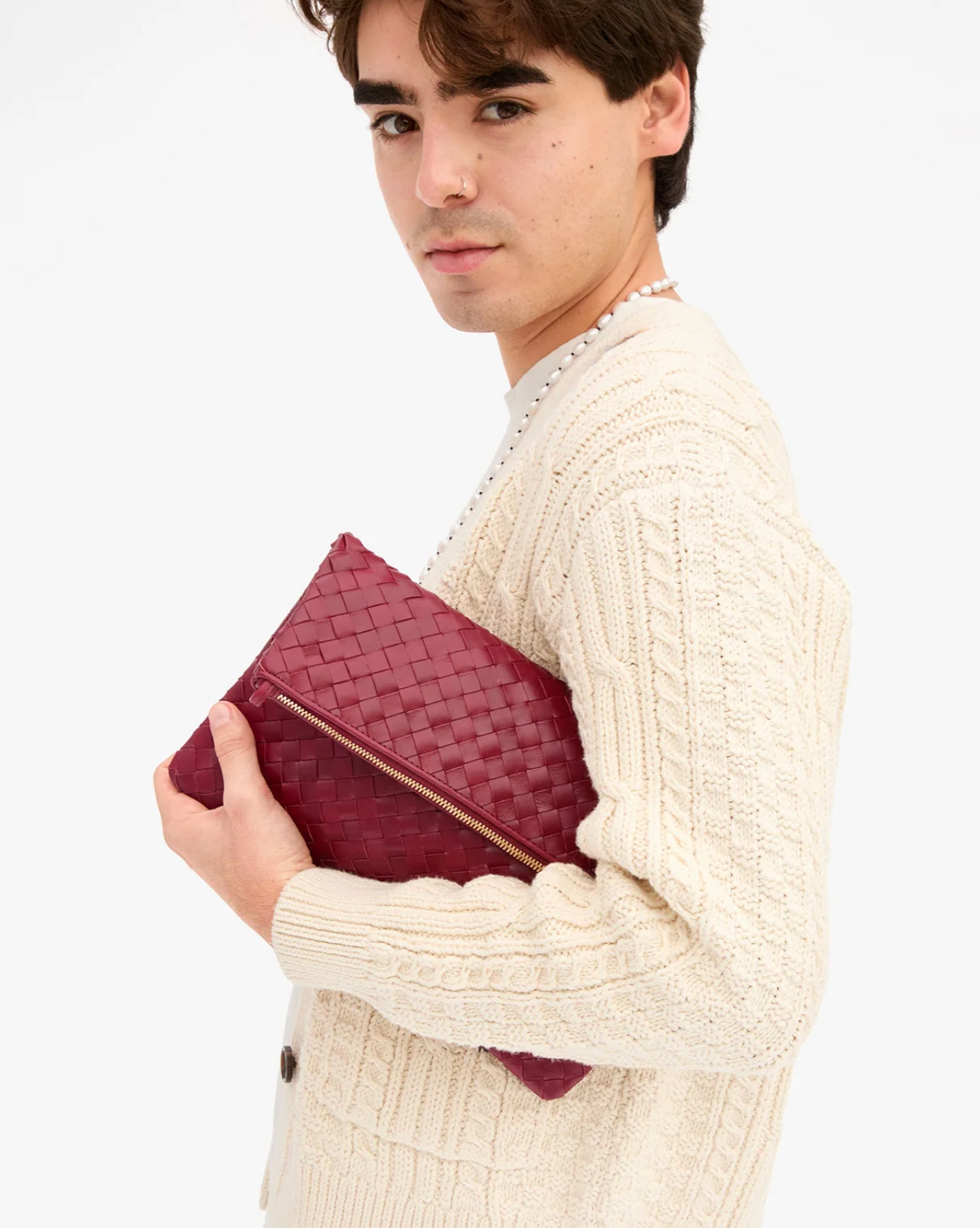 Clare V fold over clutch in garnet shown without strap