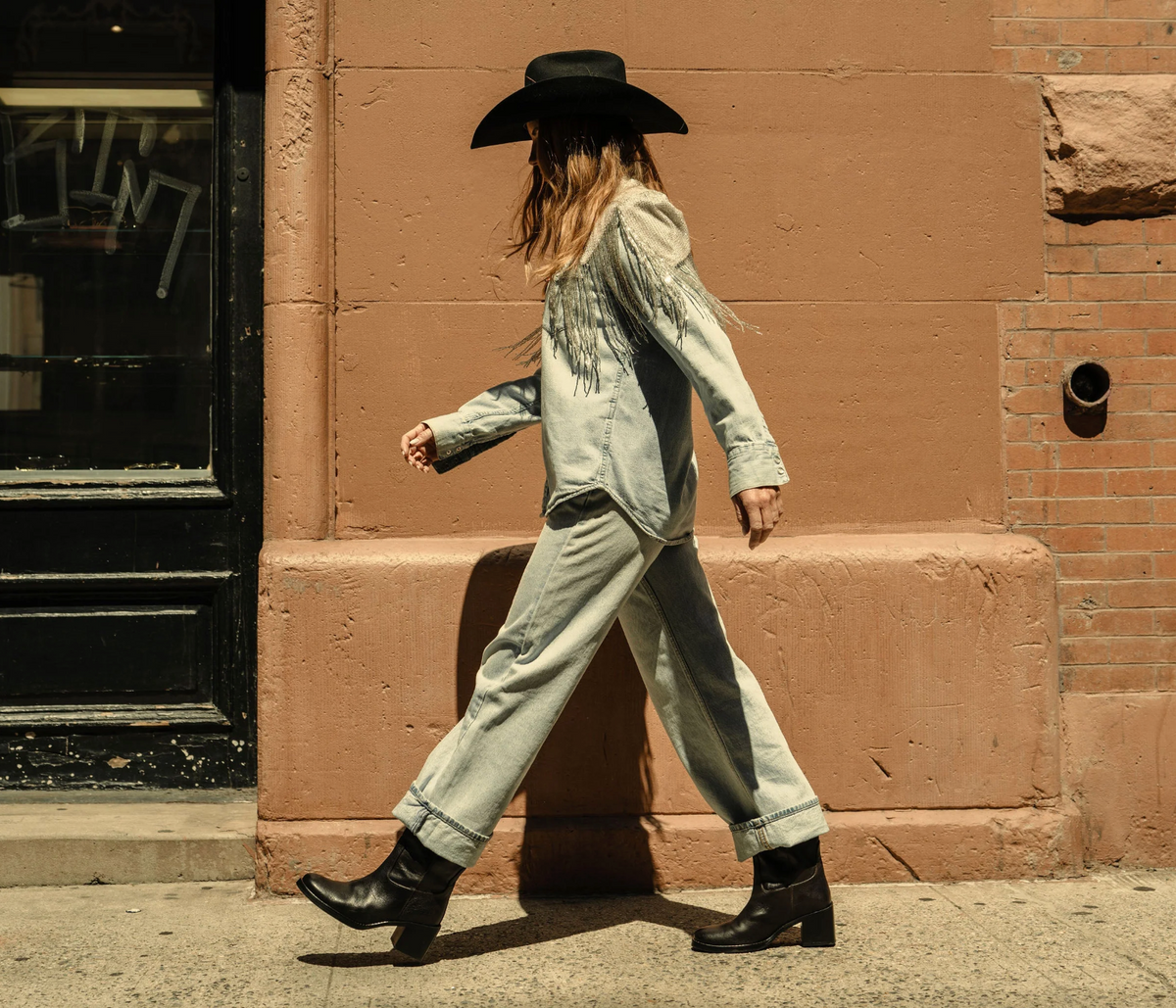 Cowgirl Model in Freda Salvador Nan Boot in Classic Redwood Buffalo millieandmadge