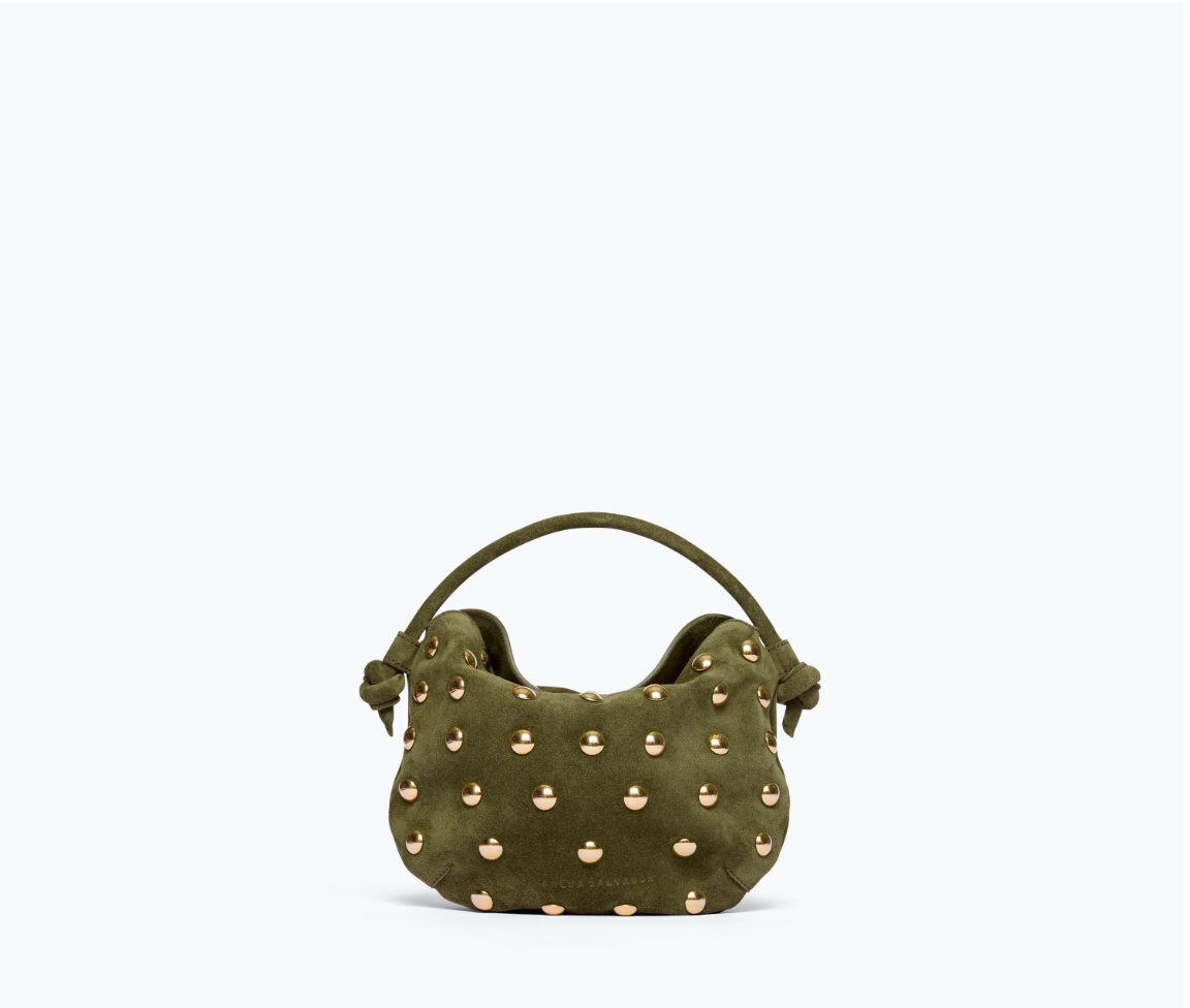 FREDA SALVADOR OLIVE SUEDE WITH GOLD STUDS BAG