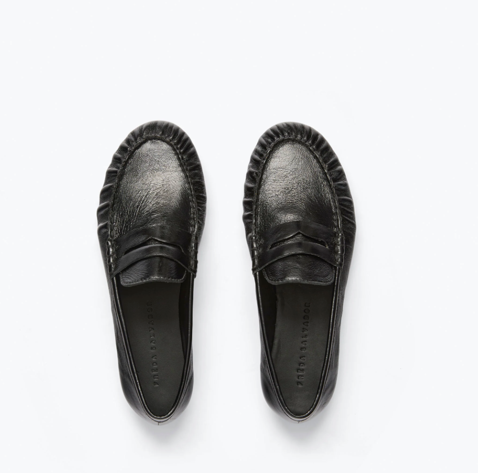 Freda Salvador Sydney Ruched Penny Loafer in Black Crinkle Calf