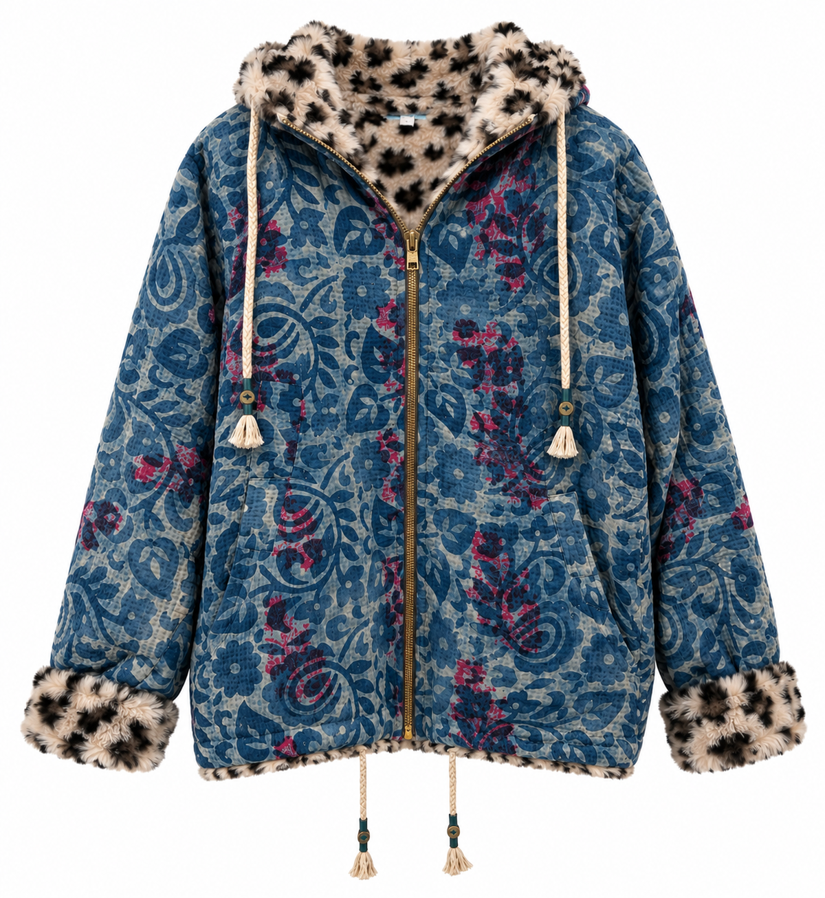Front of L'ile Bleue Kantha Faux Fur Hoody in Indigo Nomad 