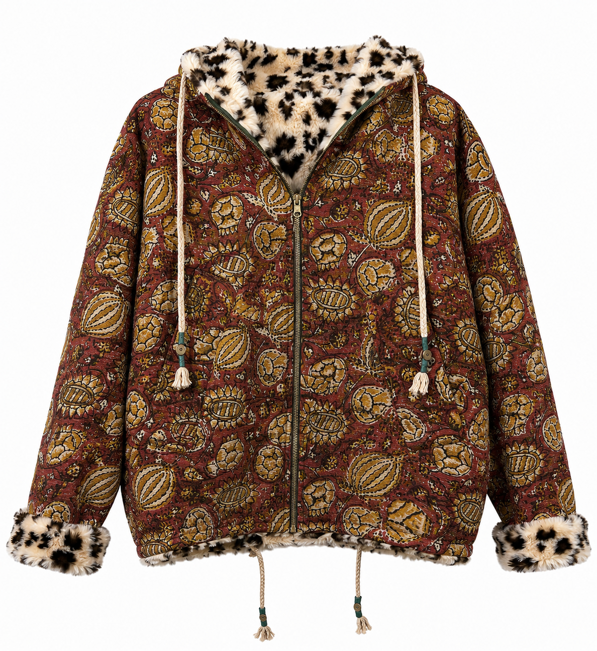 Front of L' île Bleue Kantha Faux Fur Hoodie Jacket in Terracotta Relic