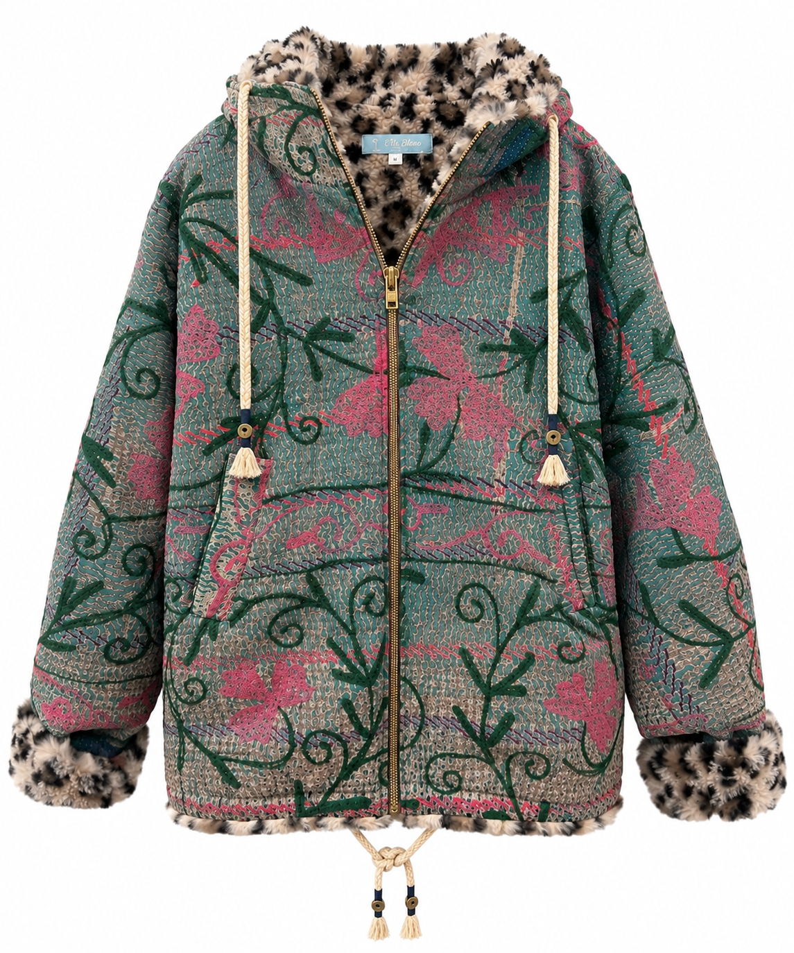 Front_of_L_le_Bleue_Kantha_Faux_Fur_Hoodie_Jacket_in_botanical muse 