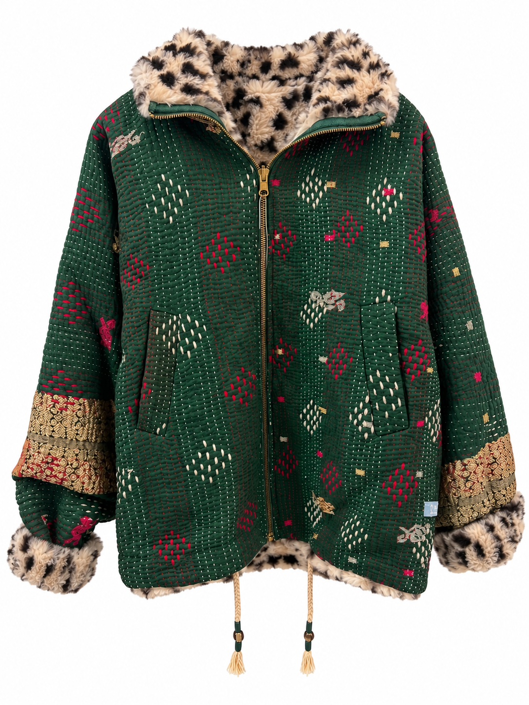 Front_of_L_le_Bleue_Kantha_Faux_Fur_Hoodie_Jacket_in_forest_heirloom 