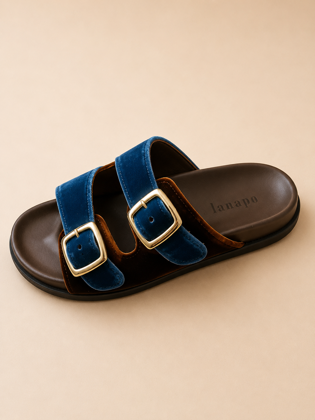 LANAPO BLUE AND BROWN VELVET SLIDES 