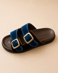 LANAPO BLUE AND BROWN VELVET SLIDES 