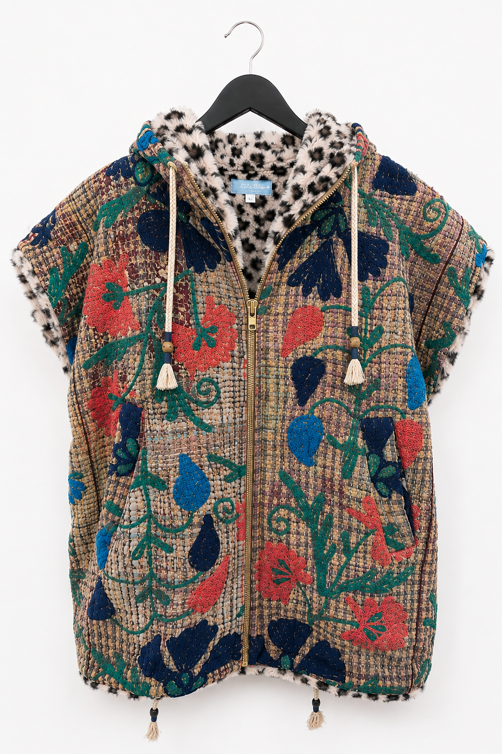 L' île Bleue Sleeveless Kantha Faux Fur Hoody in Bohemian Garden Suzani