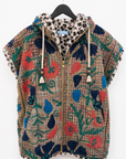 L' île Bleue Sleeveless Kantha Faux Fur Hoody in Bohemian Garden Suzani