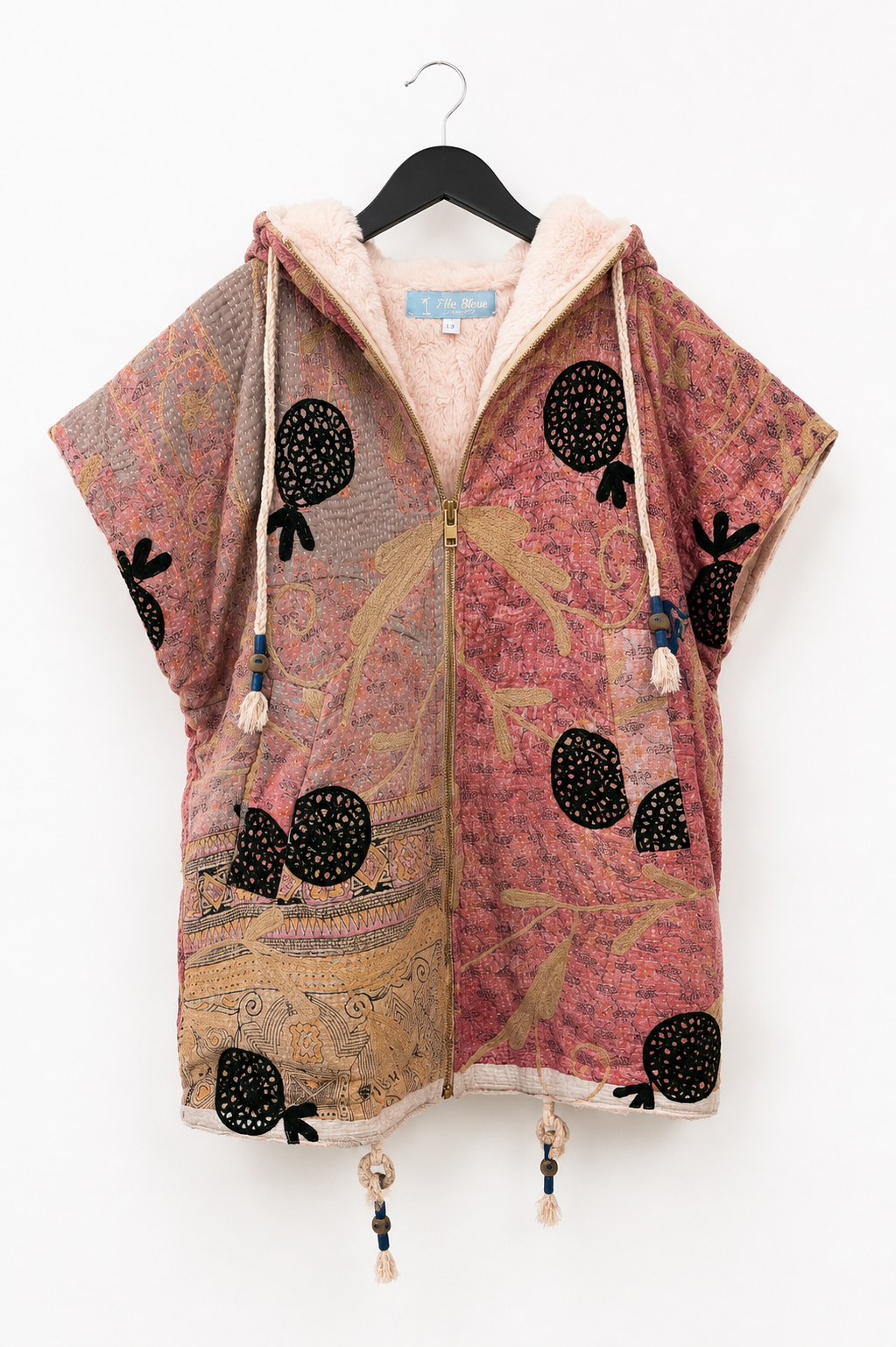 L' île Bleue Sleeveless Kantha Faux Fur Hoody in Rose Suzani