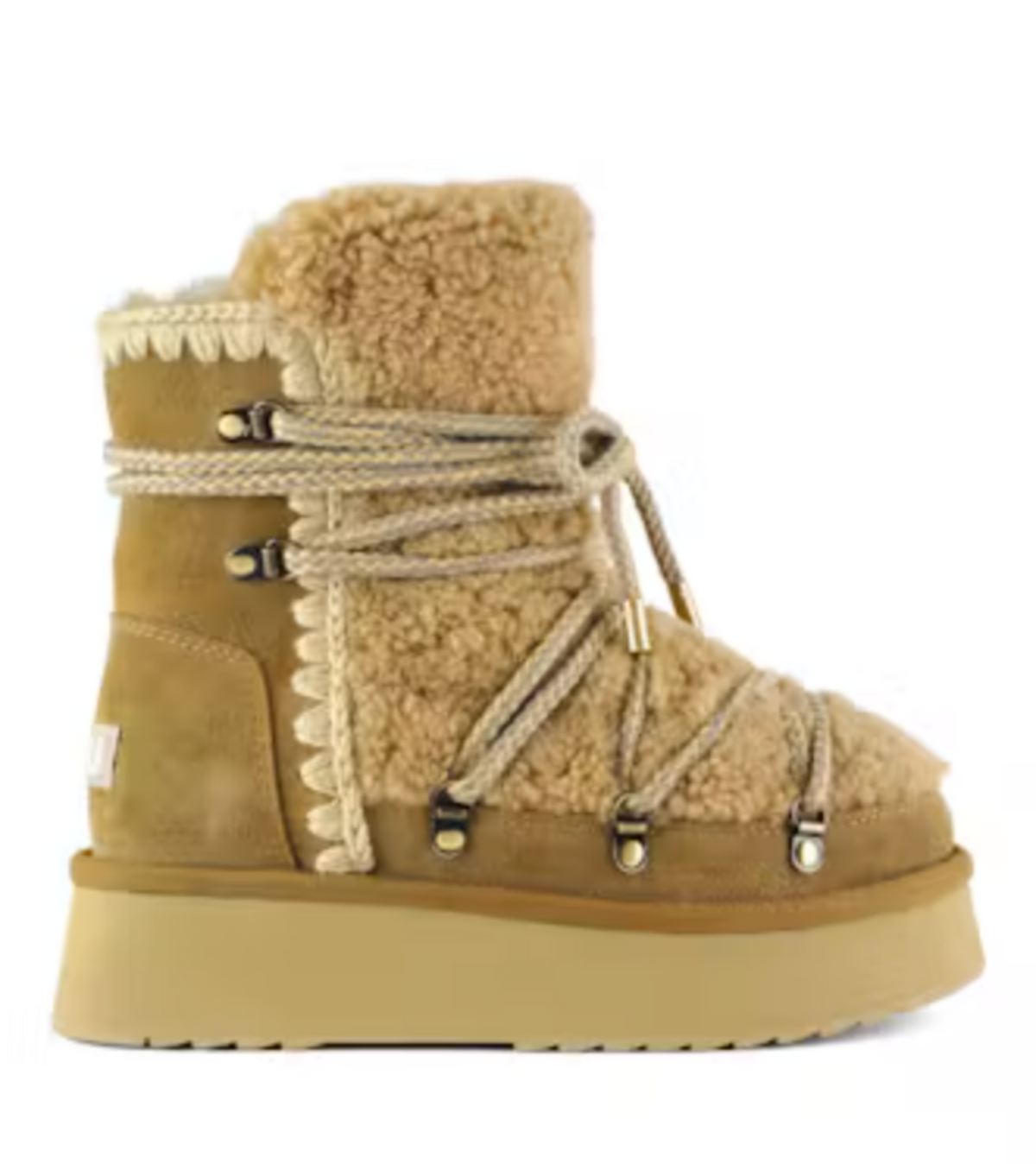 MOU Curly Sheepskin Platform Boot in Cognac