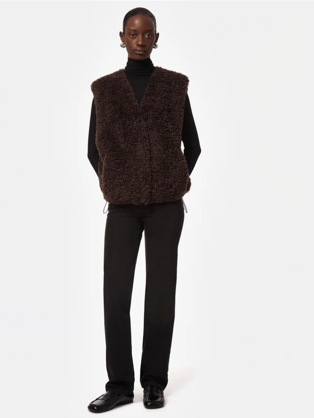 Model Wearing Apparis Brown Bouclette Vest 