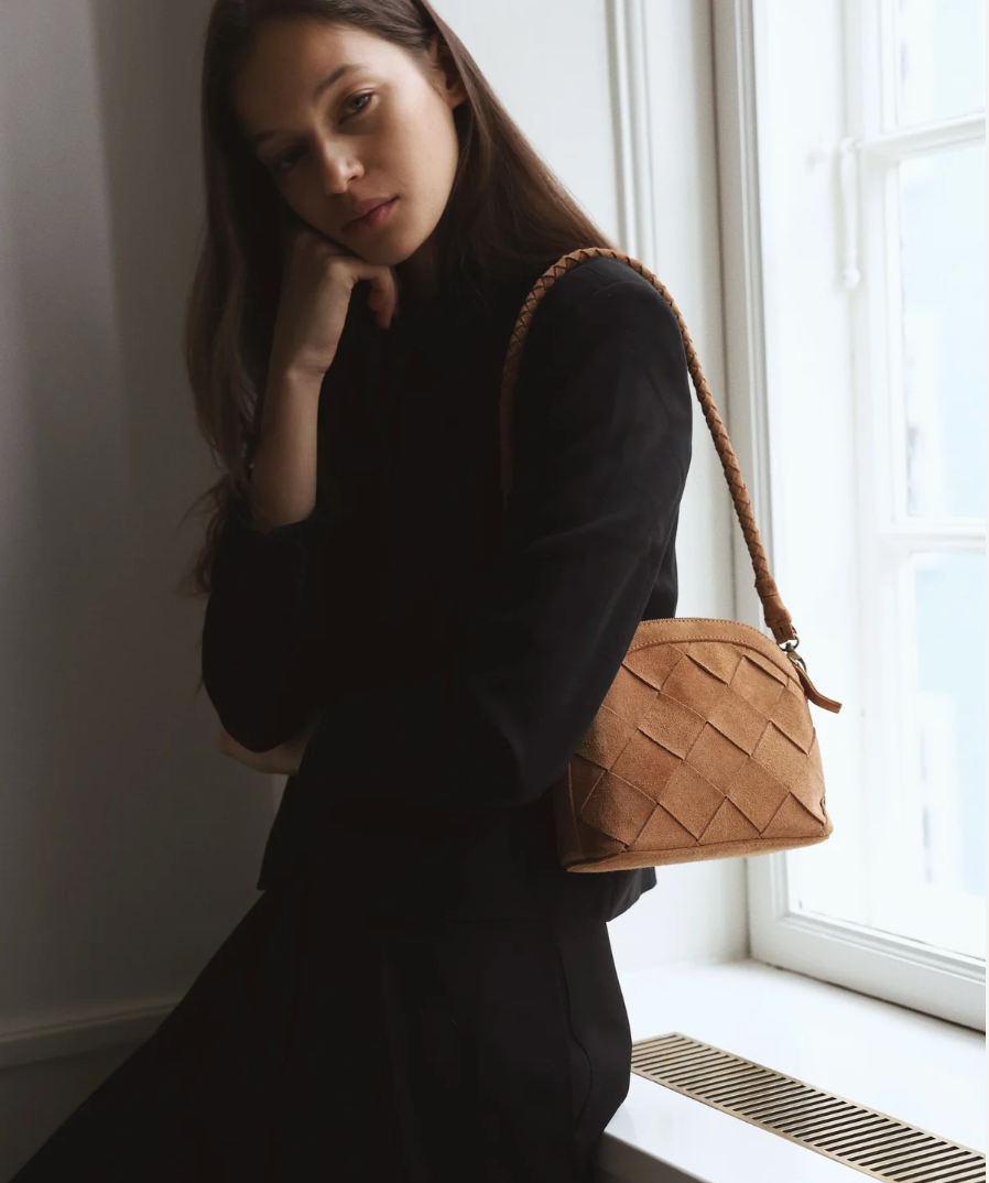 Model Wearing Bembien Mini Carmen Bag in Copper Suede 