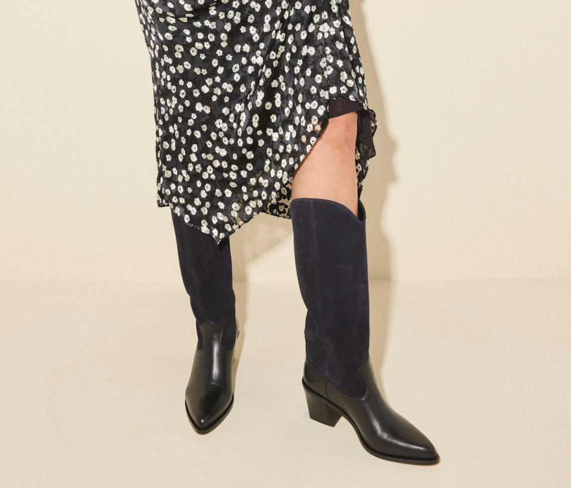 Model Wearing Freda Salvador Nancie Navy Suede Boot 