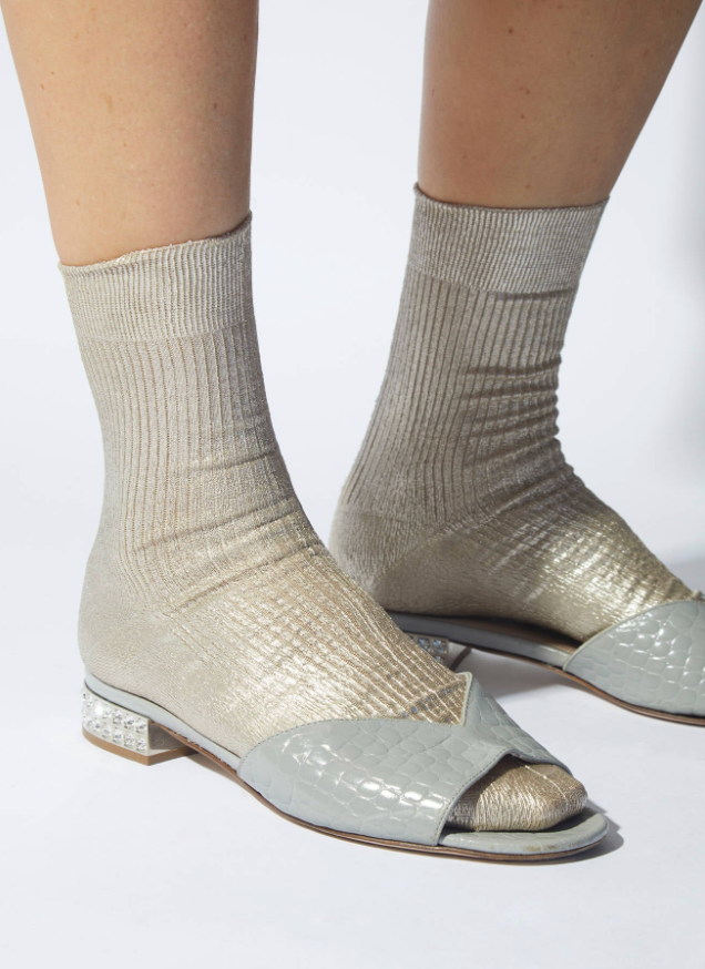 Model Wearing Maria La Rosa One Ribbed Laminated Socks in Platino 